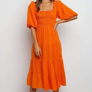 R.Vivimos Orange Off-Shoulder Cotton Ruffle Midi Dress | Size Large